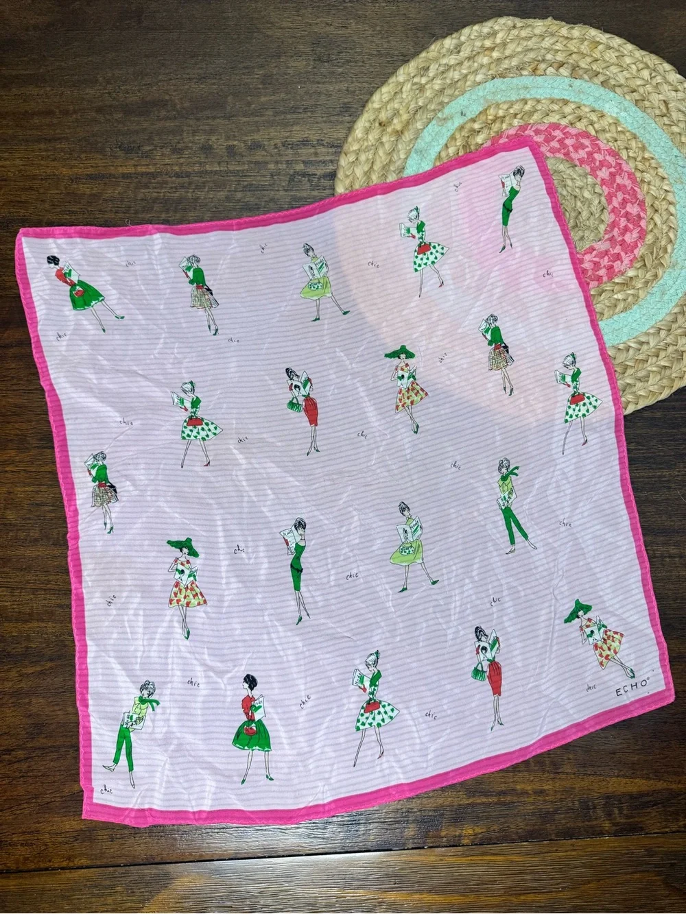 Echo Pink Scarf with Green and Red Fashion Figures